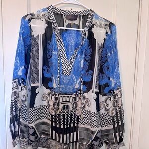 Hale Bob 100% Silk Blouse, V-Neck with Ties, Lightweight, Flowy, Oversized, XS